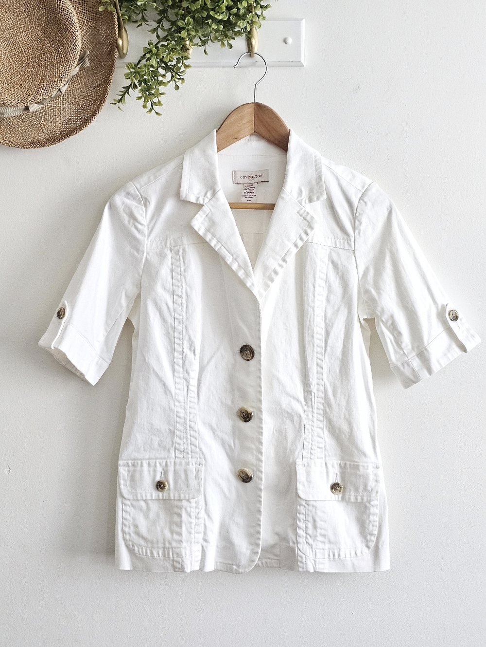 Covington White Blazer Jacket Short Sleeve Stretch Cotton Size M